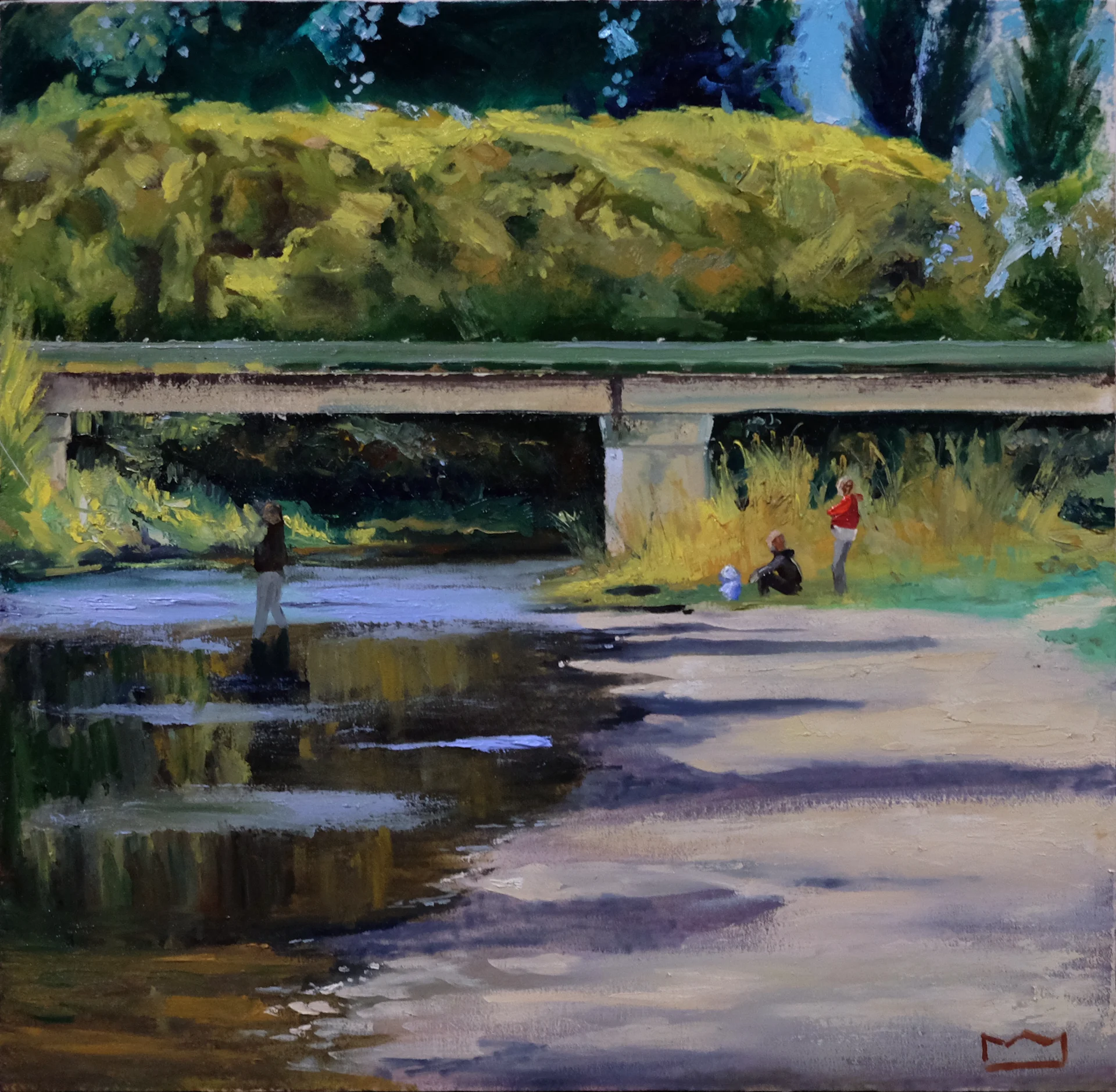 Oil painting of a low concrete bridge over a calm river with golden trees behind and a person fishing in the shallows