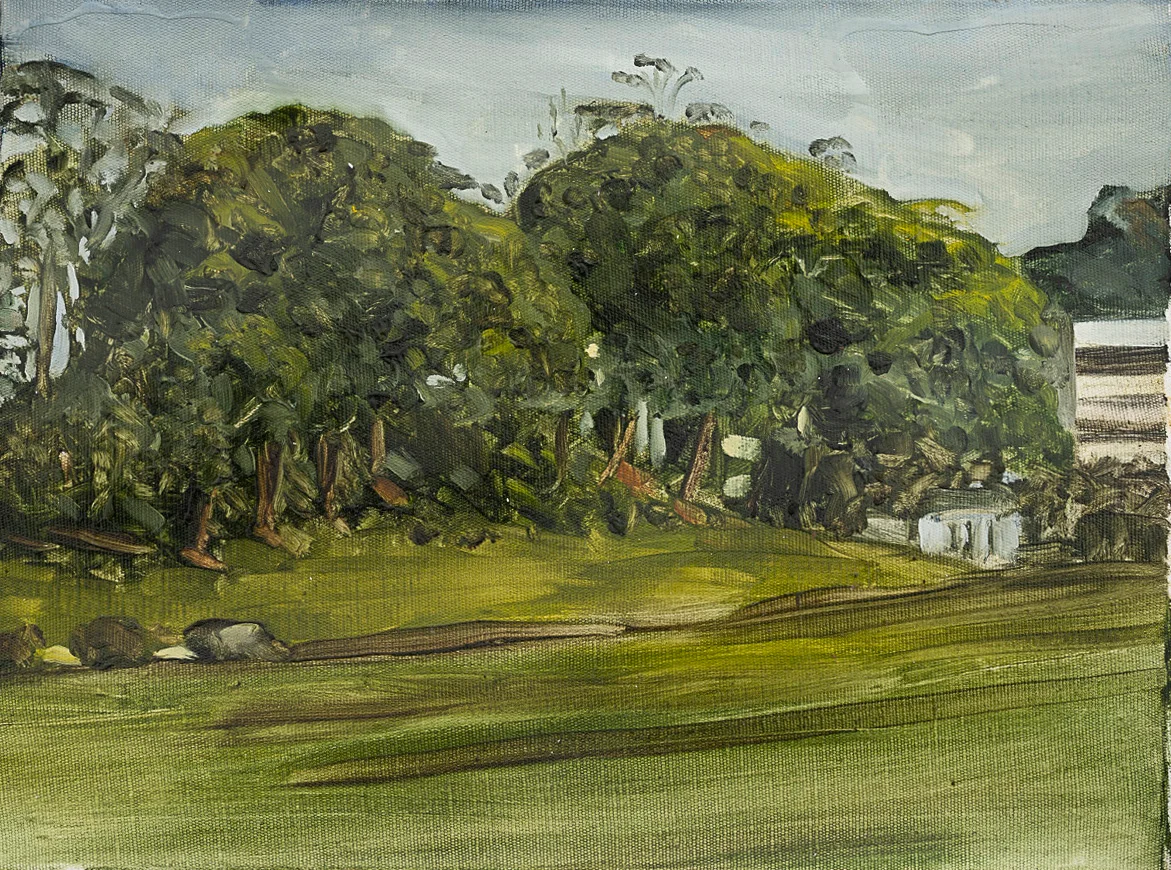 Oil painting of a mown green lawn before a row of dense dark-green trees under a soft grey sky