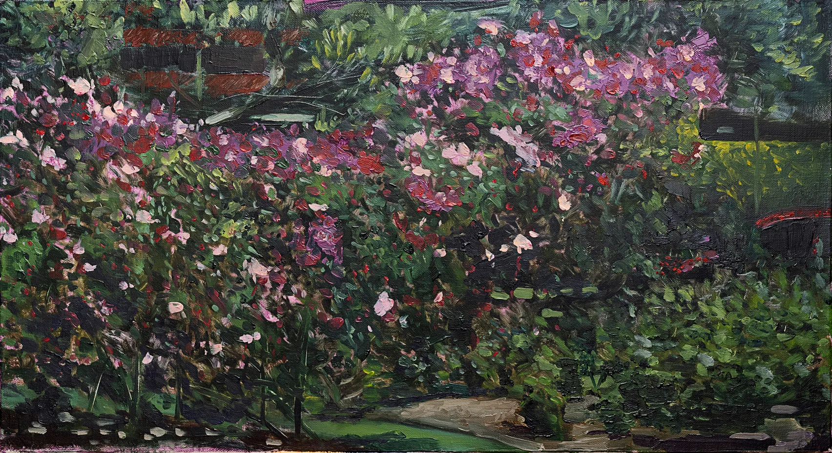 Oil painting of a garden bed of pink roses and green foliage against a brick wall in Auckland Rose garden