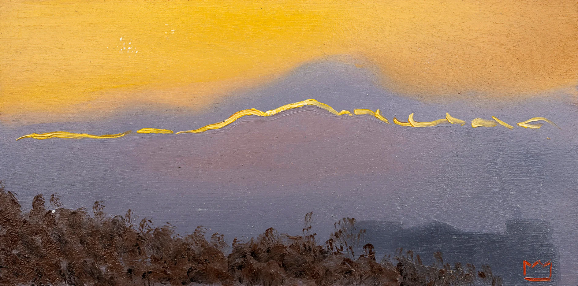 Oil painting of a low mountain ridge catching golden light at dusk beneath a yellow sky