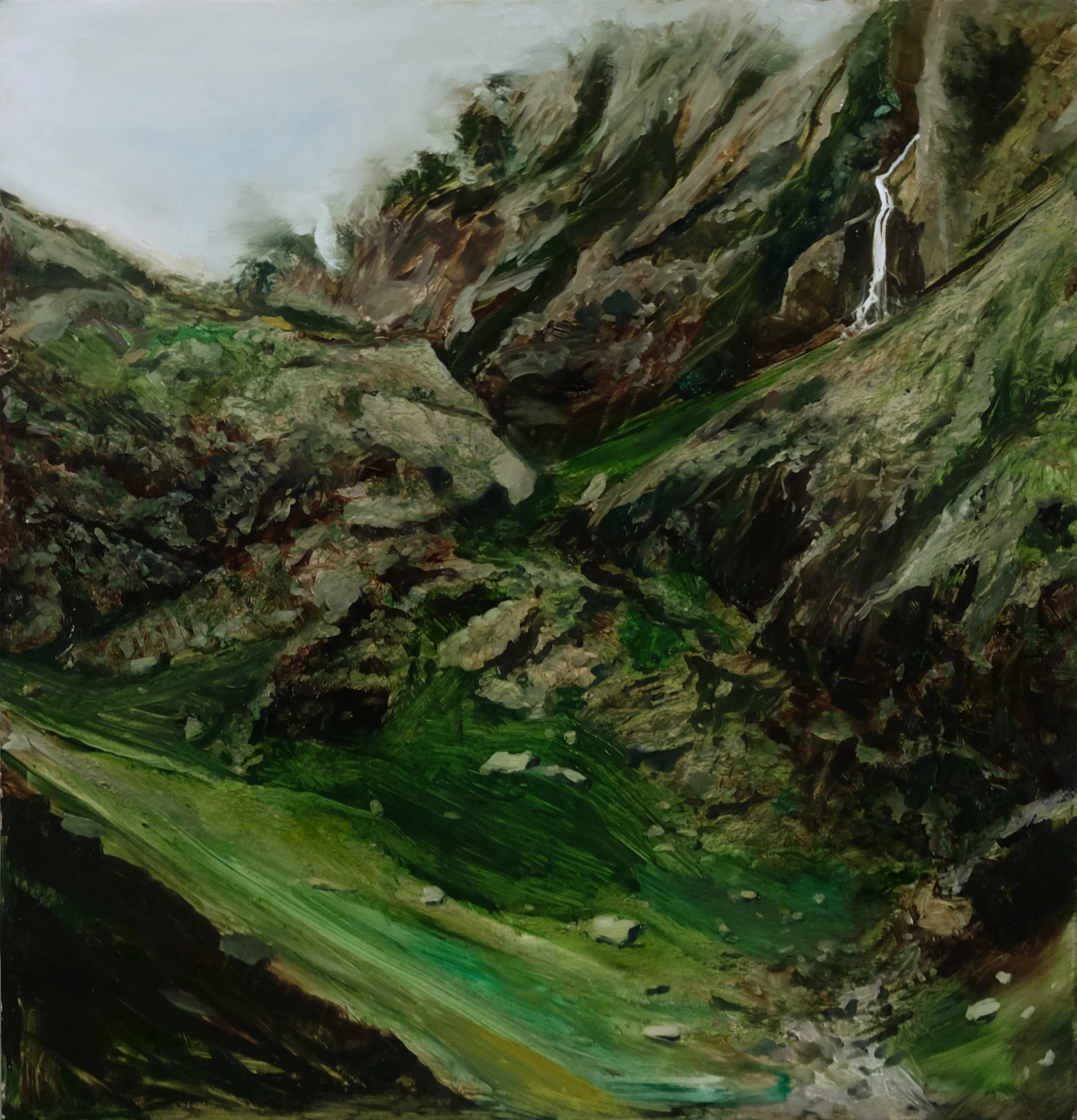 Oil painting of a steep green alpine valley with rocky bluffs and a thin waterfall