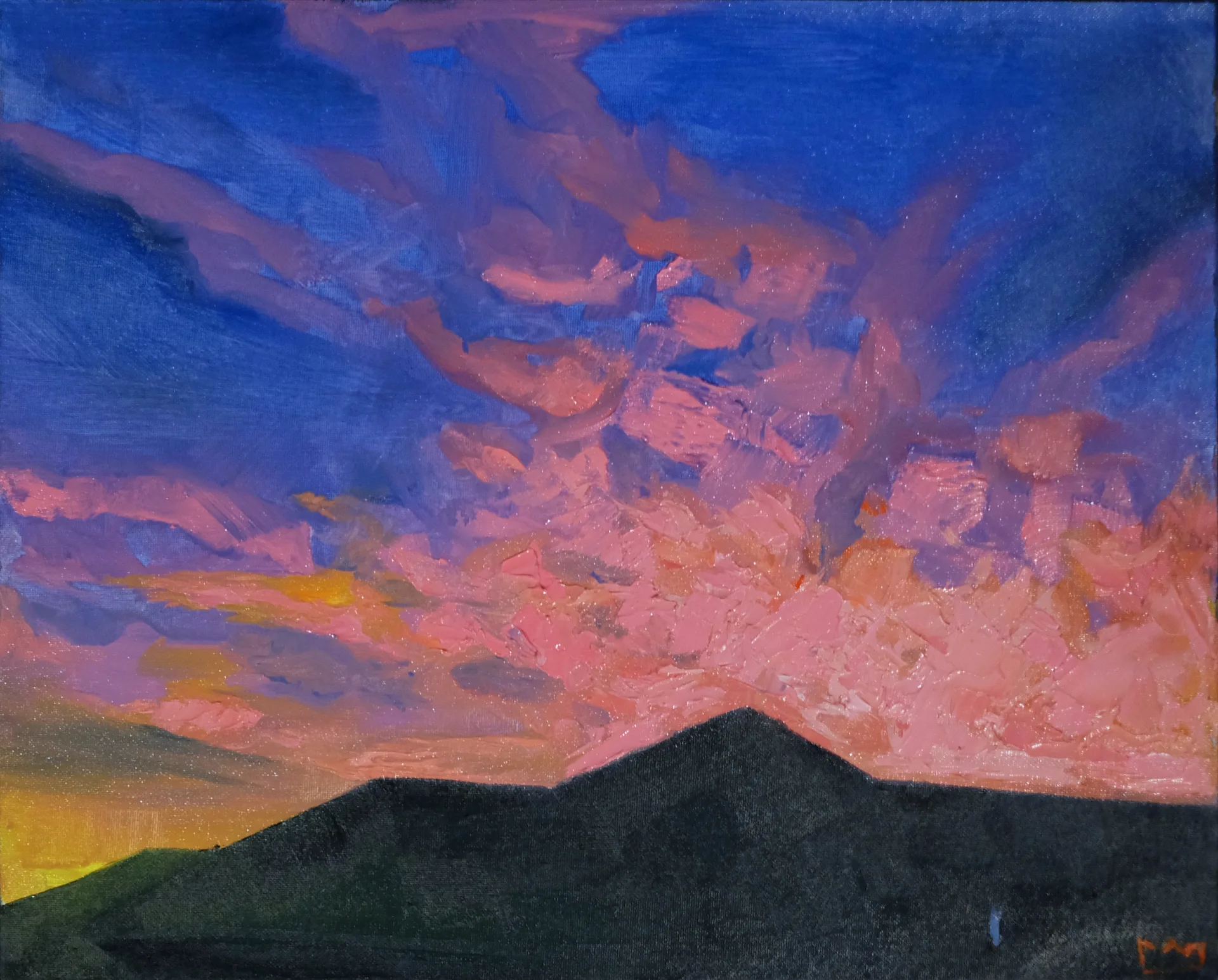 Oil painting of pink and salmon sunset clouds drifting across a deep blue sky above a dark silhouetted hill