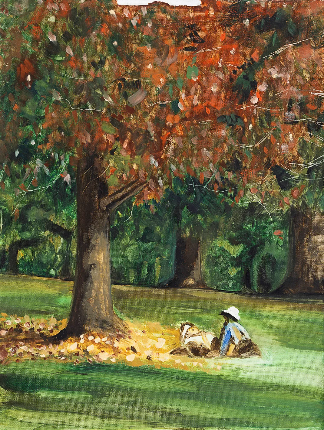 Oil painting of a child enjoying autumn sun in dappled shade beneath a large tree at Auckland Domain