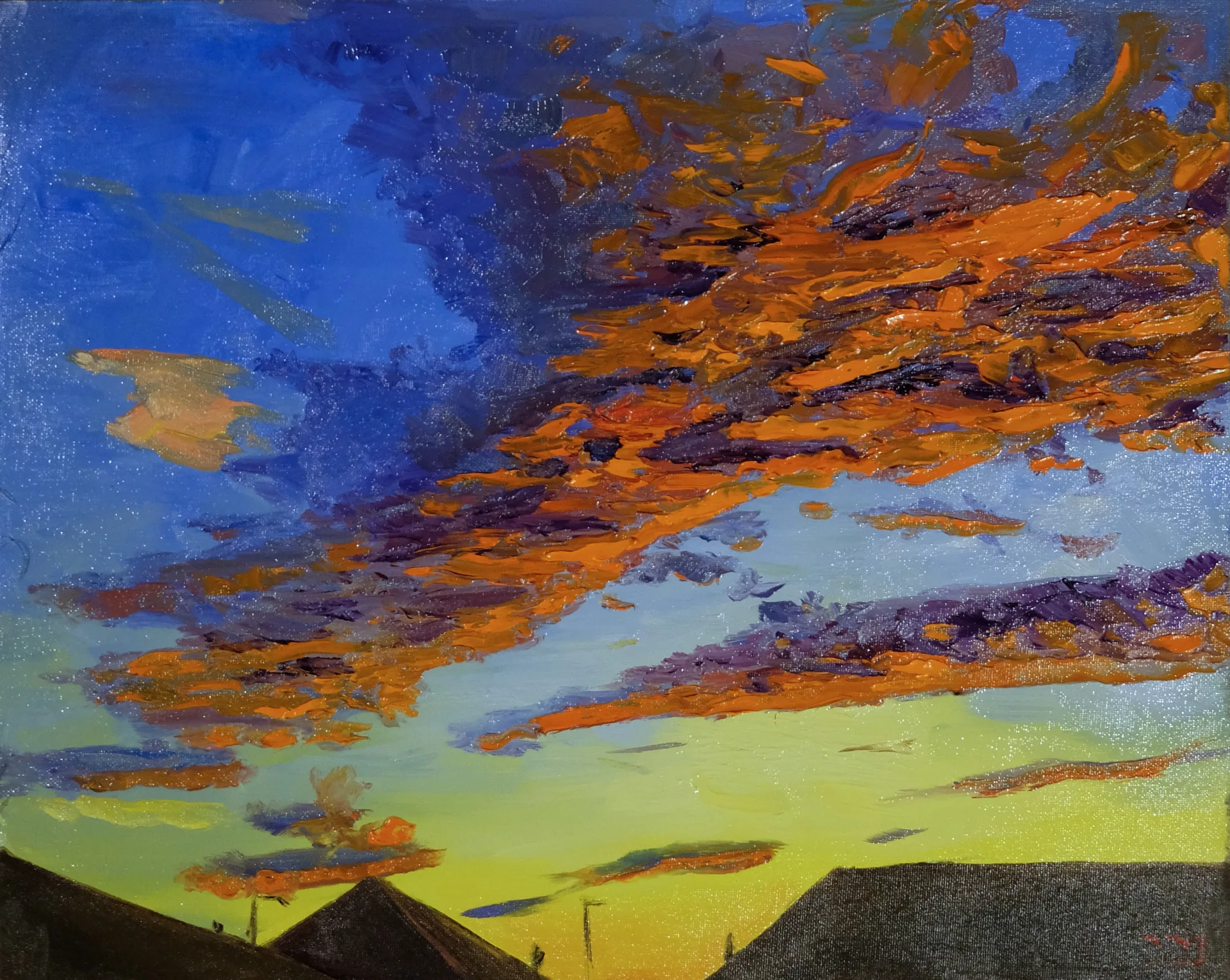 Oil painting of streaks of orange and gold cloud across a blue evening sky in Canterbury, New Zealand