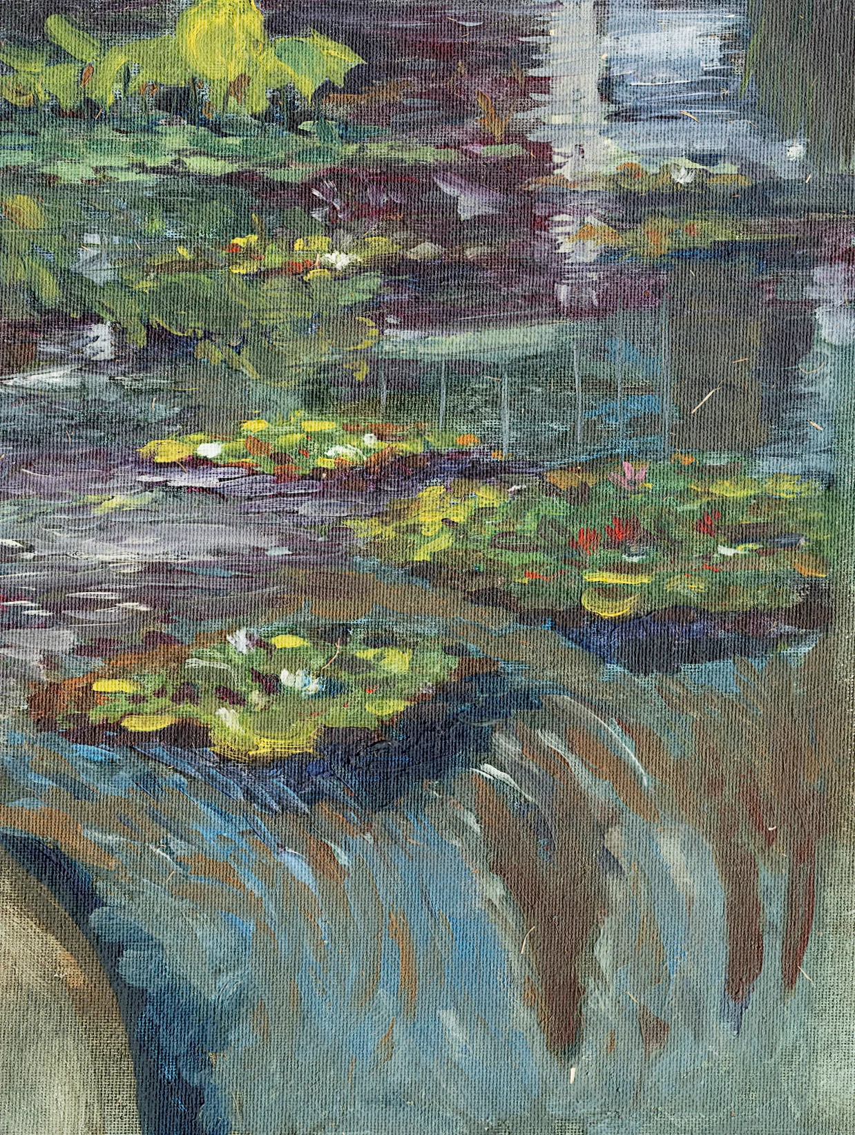 Oil painting of water-lily pads and soft reflections on a still green pond in Auckland Domain