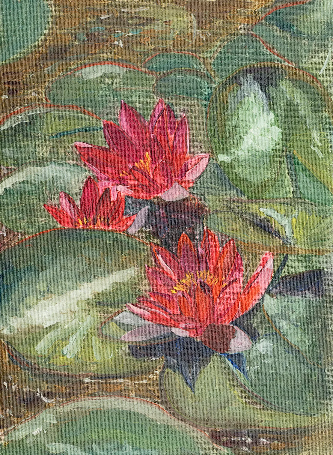Oil painting of three deep-red water lilies in bloom among green lily pads on a still pond