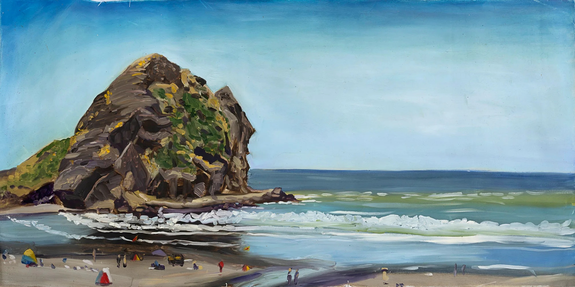 Oil painting of a rocky headland rising from a Piha beach, waves rolling in and small figures on the sand