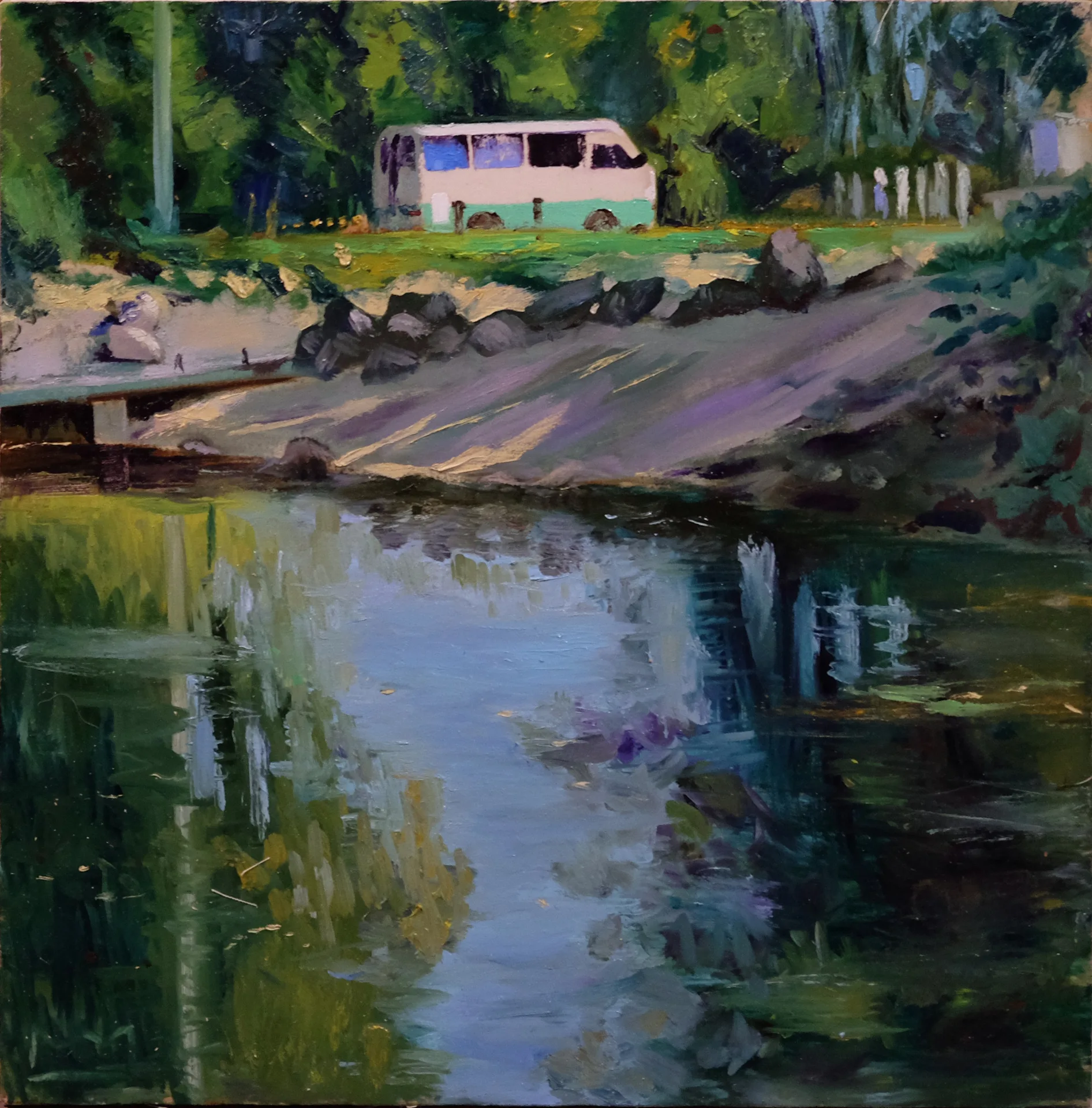 Oil painting of a teal and white campervan parked among trees on the far bank of a still pond, green reflections rippling across the water