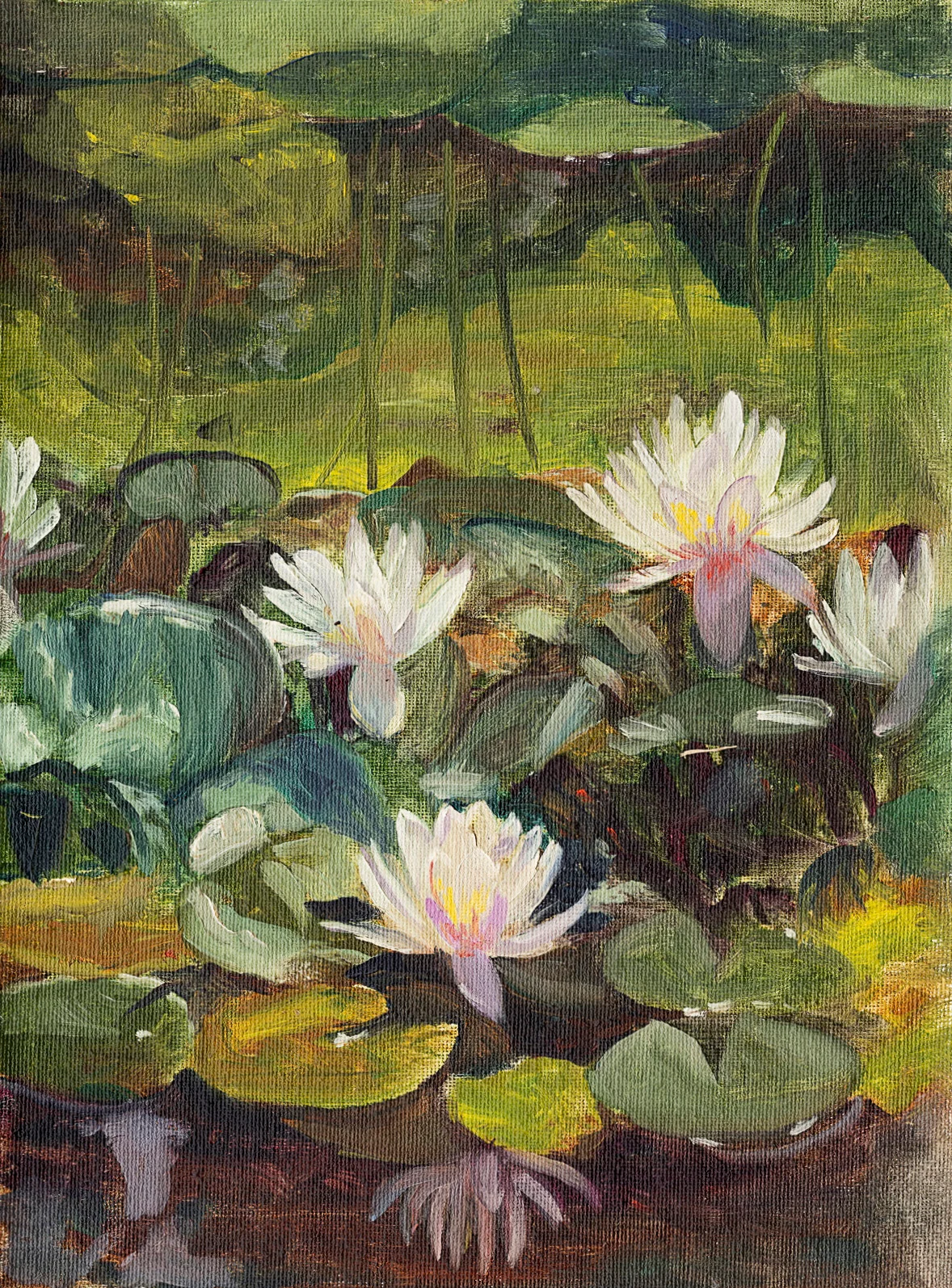 Oil painting of white and pink water lilies blooming among lily pads on a green pond